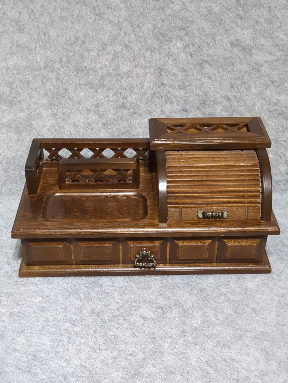Vintage Wooden Jewelry Box Desk Organizer Roll-Top Velvet Storage Drawer